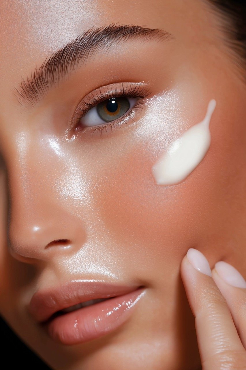 Studio Close-Up of a Woman with Glowing Skin and Natural Makeup for Beauty Stock Photography