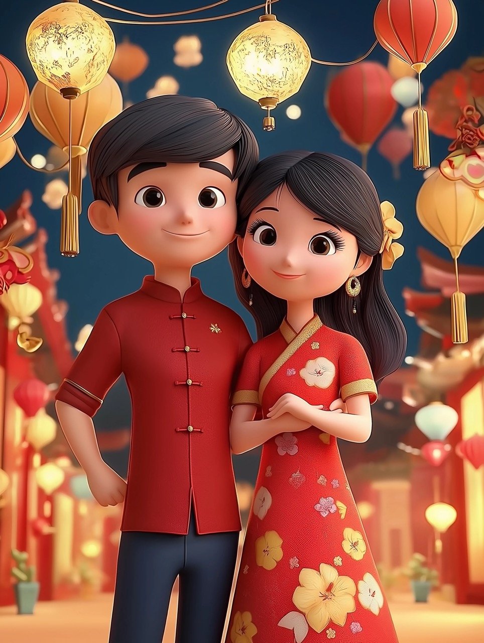 Stunning 3D Portrait of Couple for Tet Vietnamese New Year Celebration Ideal Stock Image for Festive Marketing