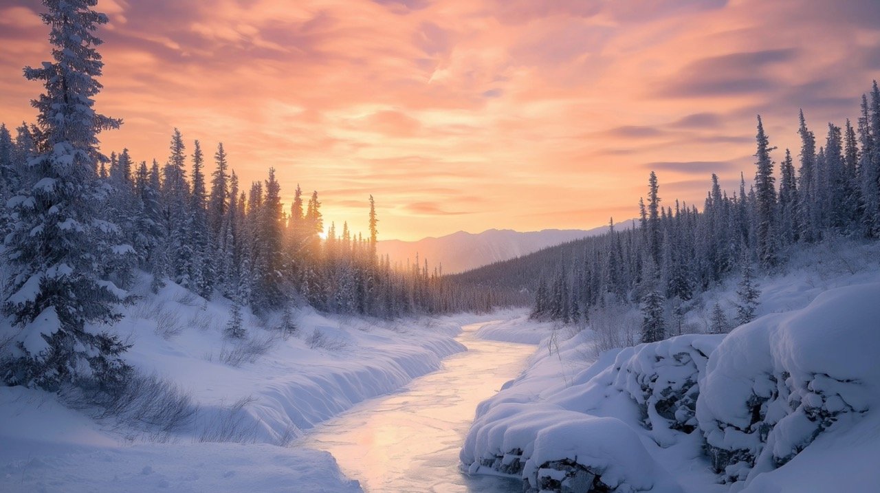 Stunning Winter Landscape Magic Sunset Over Snowy Mountains and Scenic Forest Background in Winter