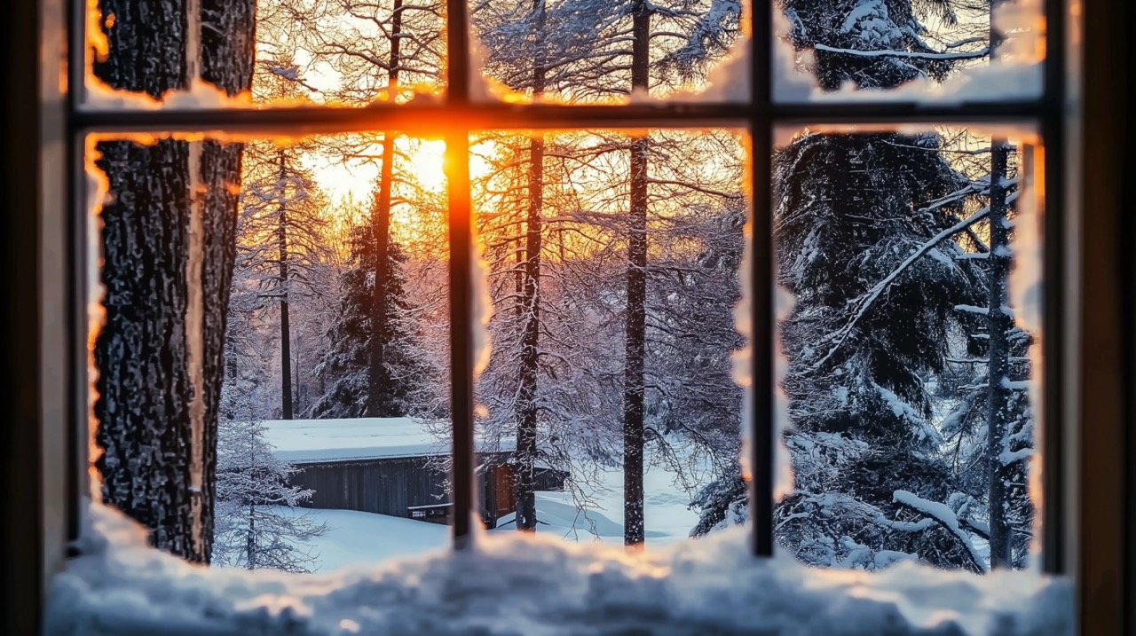 Stunning Winter Landscape Through Window Scenic Sunset and Snowy Outdoor Views in Winter