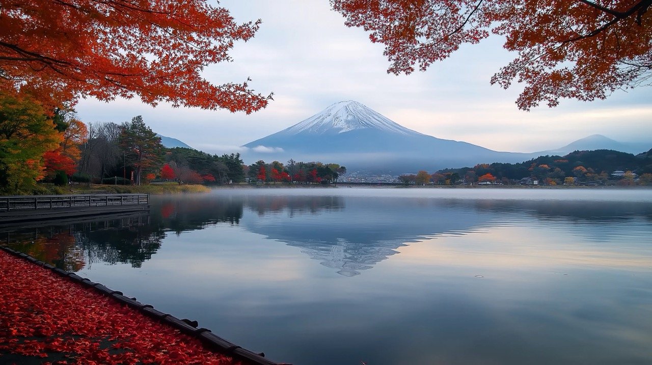 Stunning autumn view of Mount Fuji with fog, red leaves, and scenic Lake Kawaguchiko in Japan.