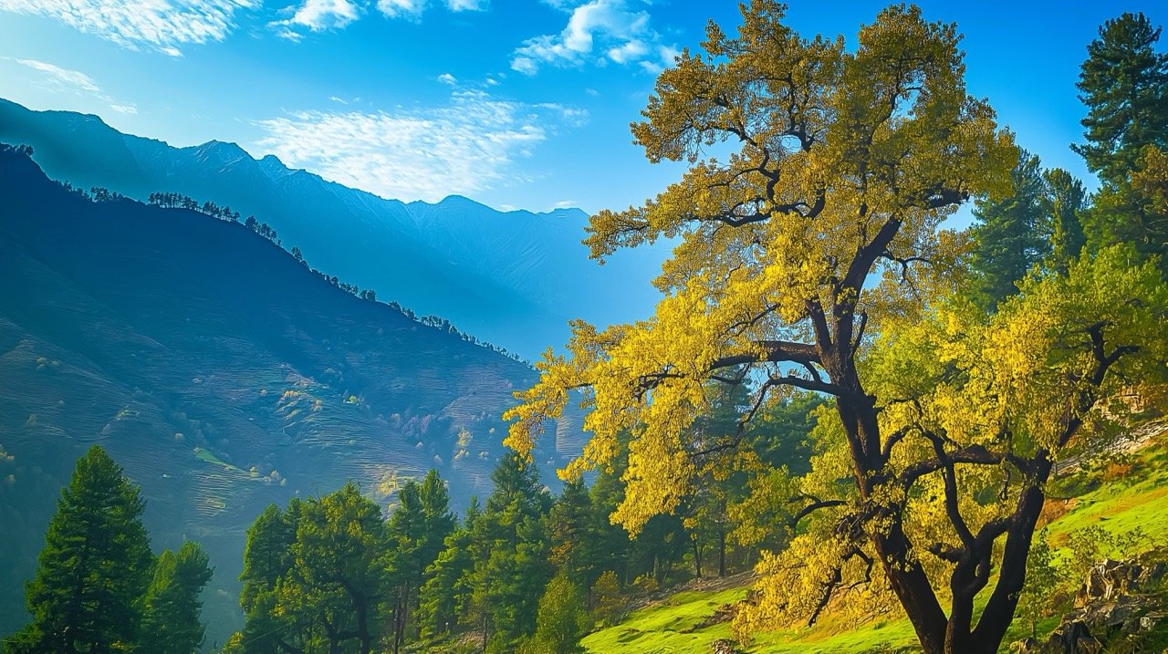 Stunning landscape view in Northern India showcasing springtime beauty, perfect for adventure and nature photography.