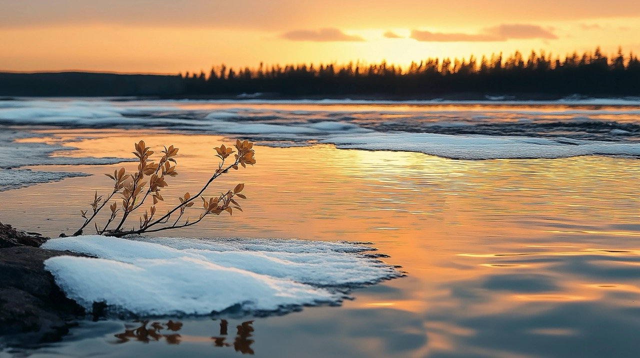 Stunning northern sunset over Finland’s river with spring melting ice and lake scenery in the background.