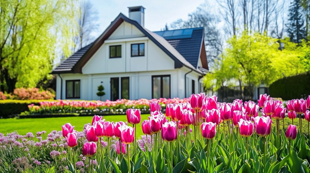 Sunlit tulip garden with vibrant pink and purple flowers by a picturesque white house and roof.