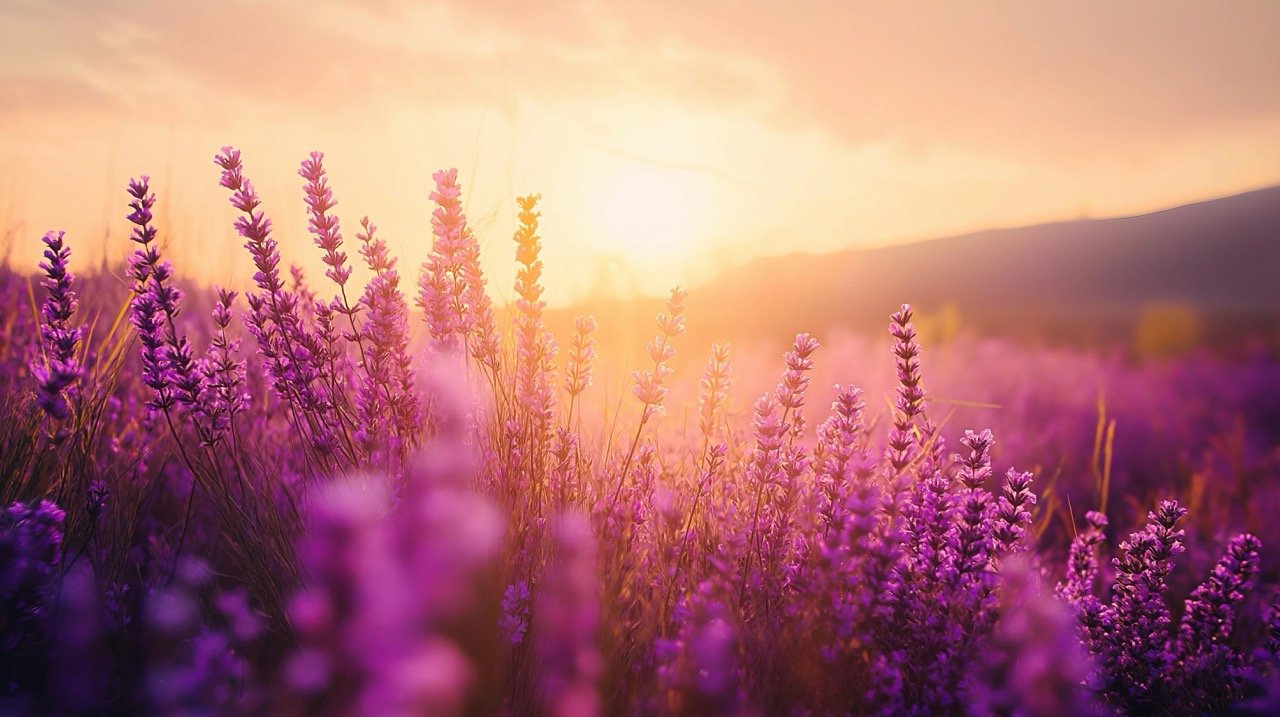 Sunrise over a meadow with blooming purple heather flowers, emphasizing wildflowers in nature and agricultural fields.