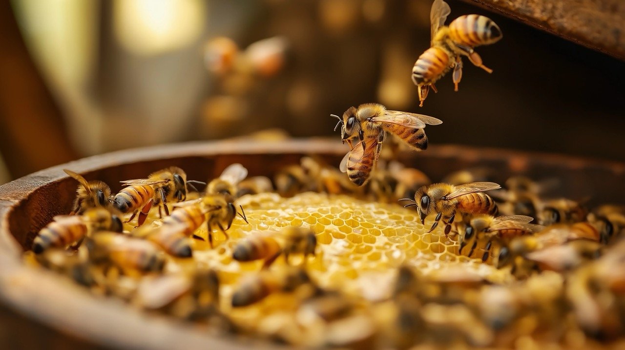 Sunset Glow and Bees – Swarm of Insects Near Honey Beehive in Aerial Landscape Photography.