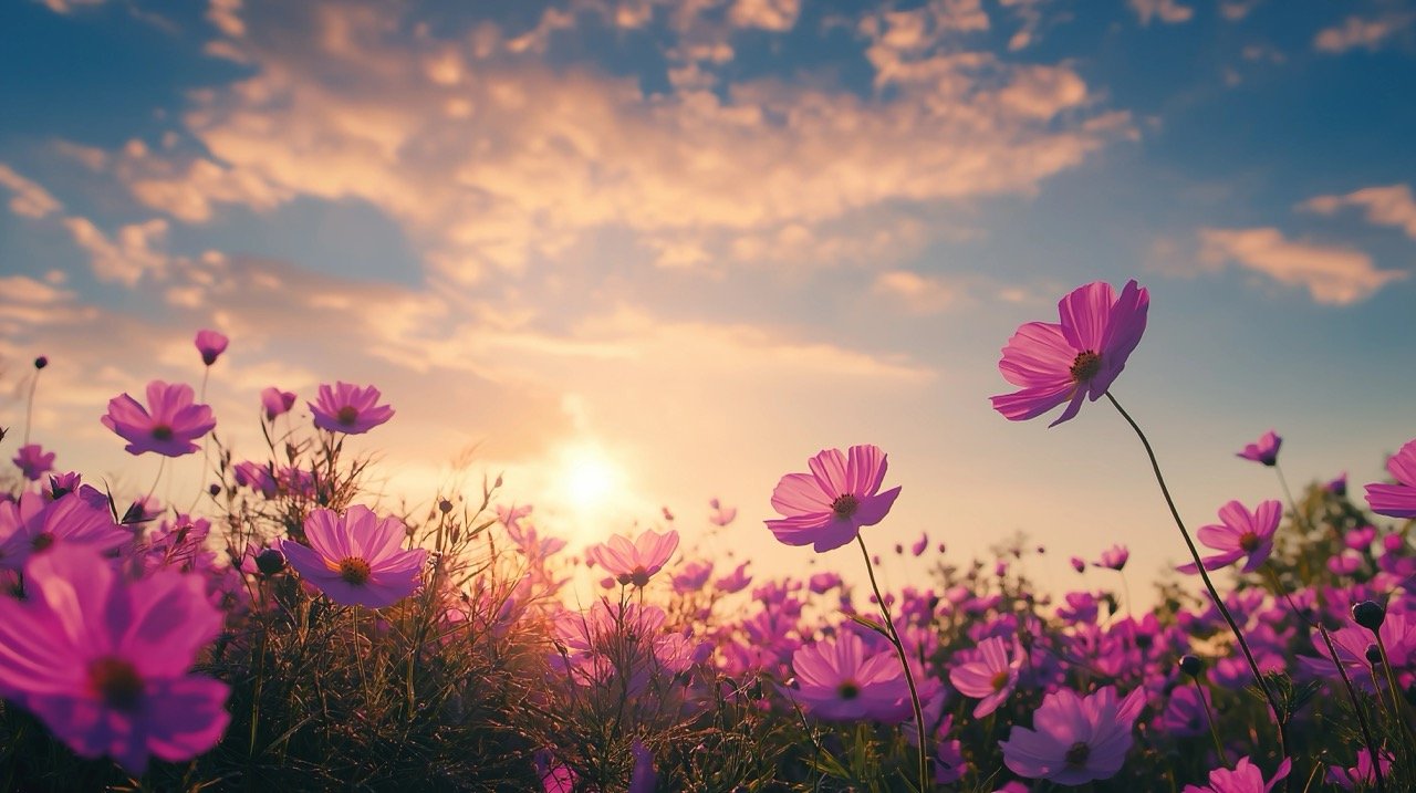 Sunset view of a vibrant cosmos field in spring, agricultural field with garden and scenic landscape.