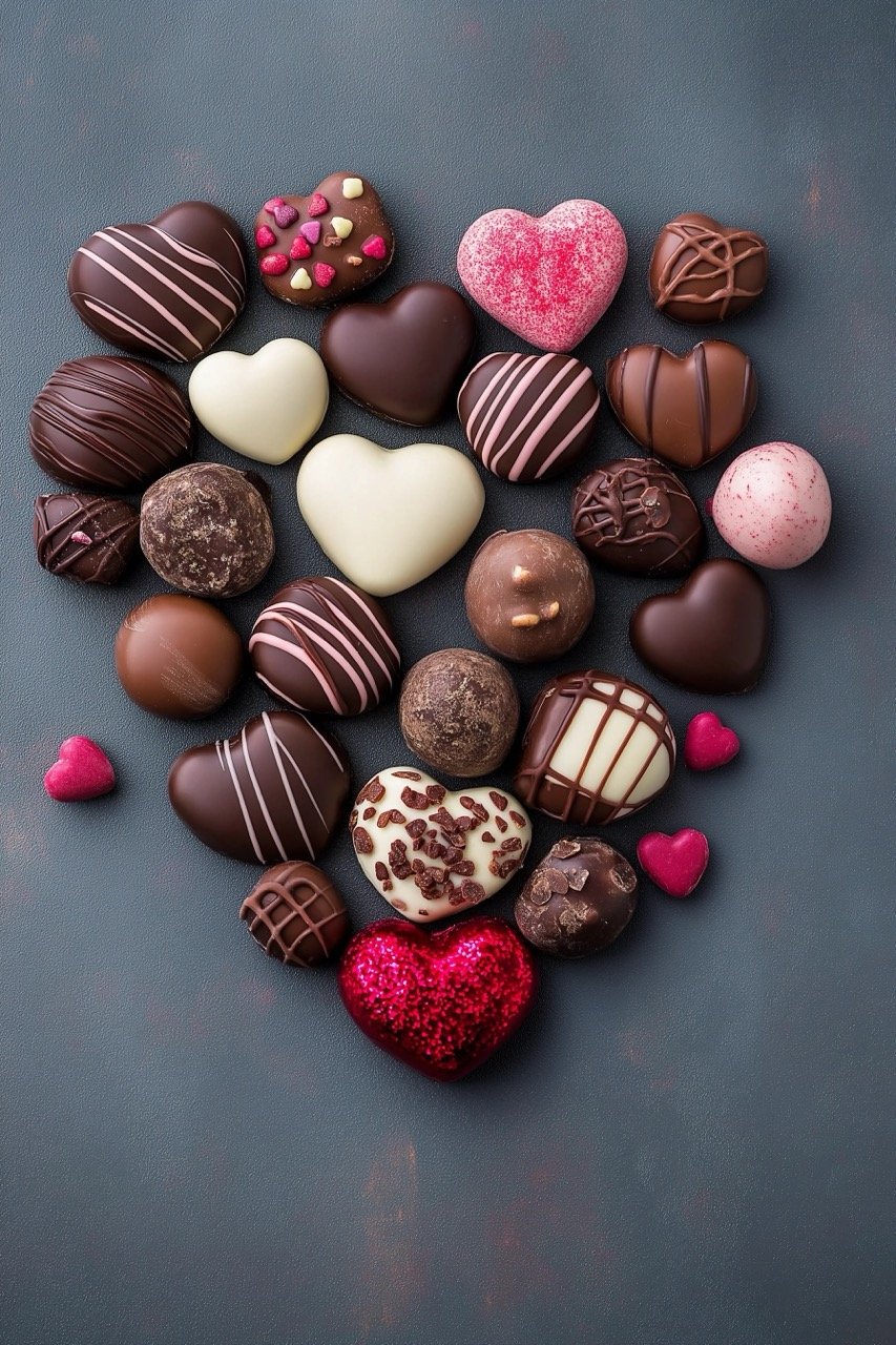 Sweet heart-shaped chocolate candies for Valentine’s Day, ideal for a romantic holiday card or gift.