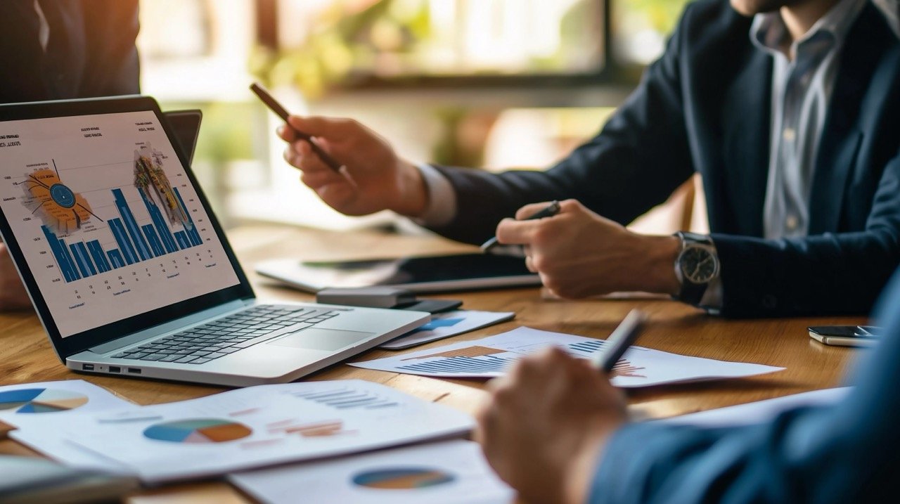 Three Businessmen Discussing Data, Marketing, and Chart Analysis During a Business Meeting with Laptops