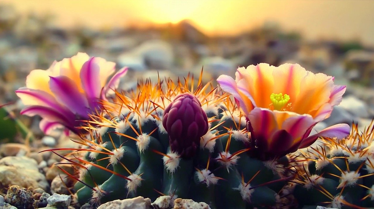 Time lapse video of blooming Rebutia flowers in desert area, captured in 4K high definition.