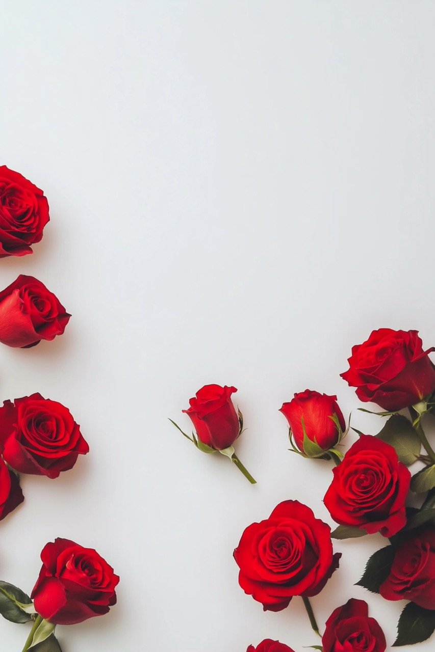 Top View of Red Roses Isolated on White Background Elegant Floral Bouquet Flat Lay Photography