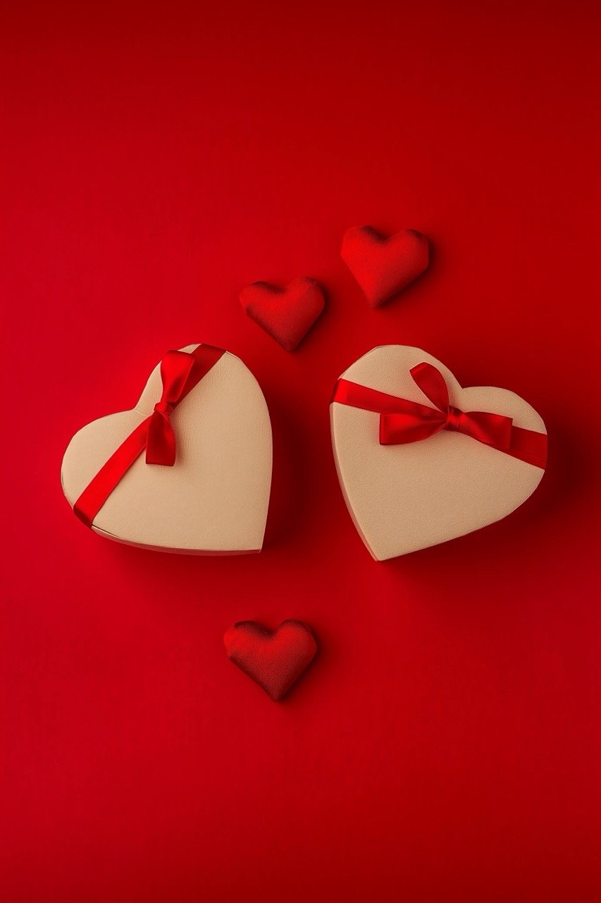 Top view of Saint Valentine’s composition with heart-shaped gift box, candles, and red ribbon accents