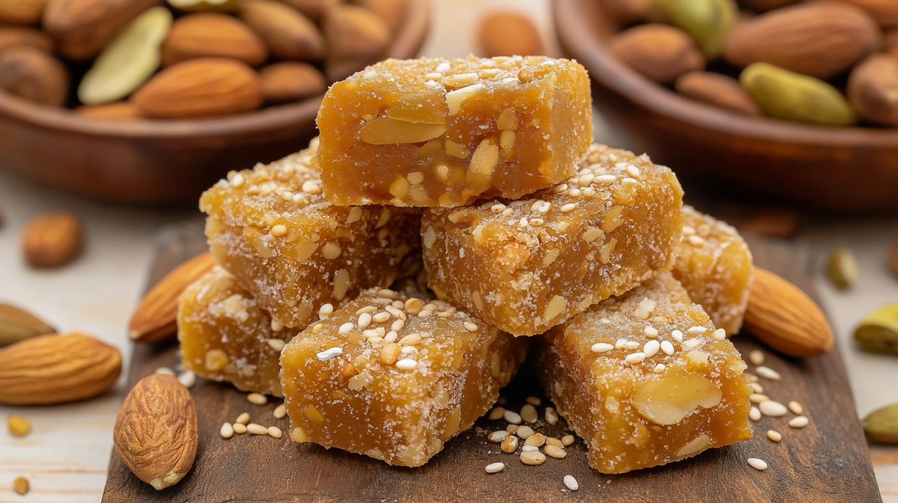 Traditional Indian Mithai Gajjak with Jaggery, Sesame, Almonds, and Pistachio, Delicious Gur Gajjak.