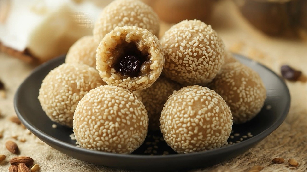 Traditional white til laddu with sesame seeds, jaggery, coconut, and raisins, a healthy Indian dessert