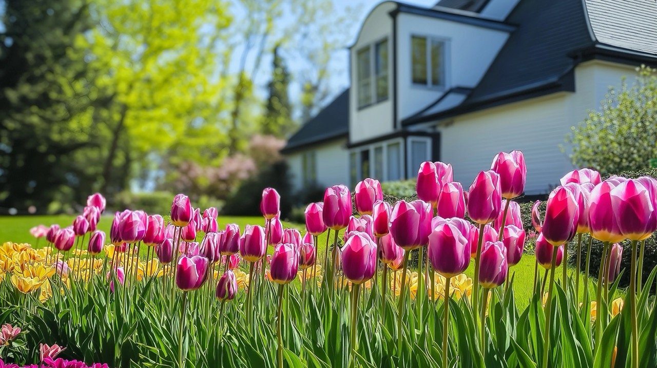 Tulips in sunlight, pink and purple flowers in a garden by a white house with sloped roof.