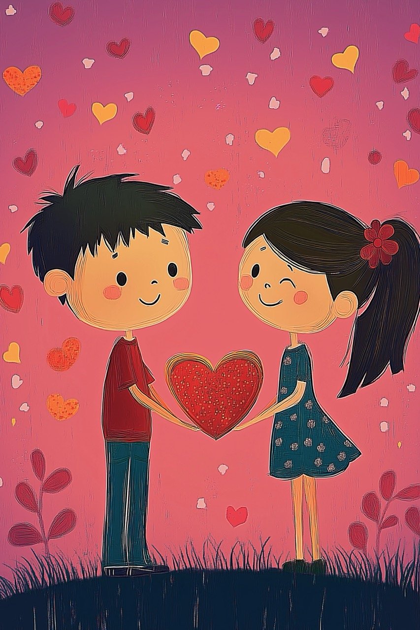 Two kids in love, sharing a tender moment of affection in a playful, colorful illustration.