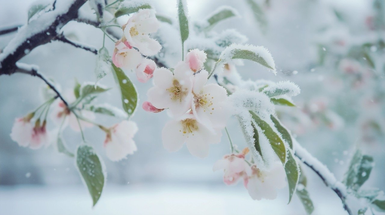 Unexpected spring snowfall covers apple tree blossoms, with blooming flowers freezing under white snow in garden.