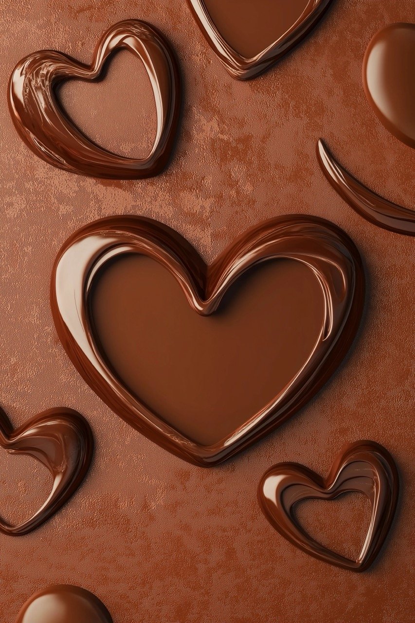 Valentine’s Day chocolate background with heart-shaped chocolates, ideal for romantic gestures and sweet card messages.