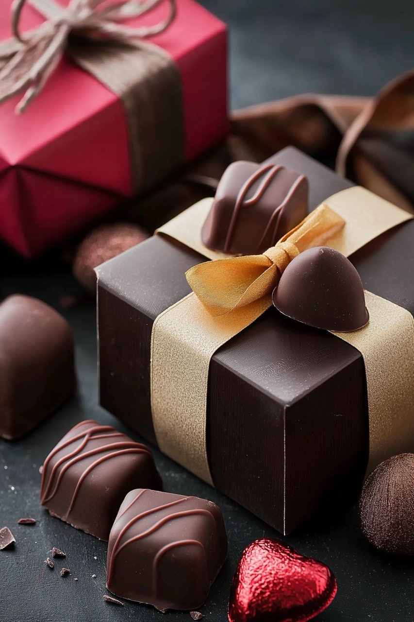 Valentine’s Day chocolate candies and gift box with a container of sweets, perfect for the holiday.