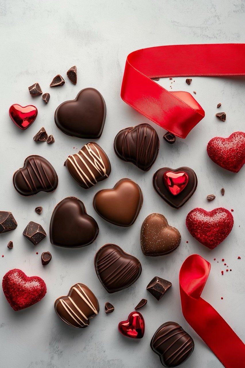 Valentine’s Day chocolate candy decorated with red ribbon, photographed in flat lay style for romantic themes.