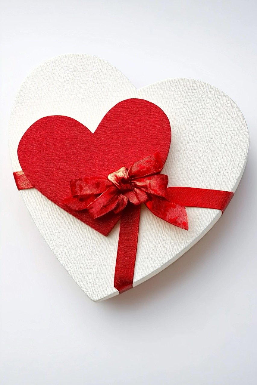 Valentine’s Day composition with heart-shaped gift box and heart elements on a white background.