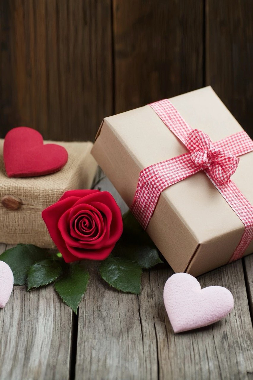 Valentine’s Day gift box with roses and hearts, perfect for romantic celebrations over a wooden table.