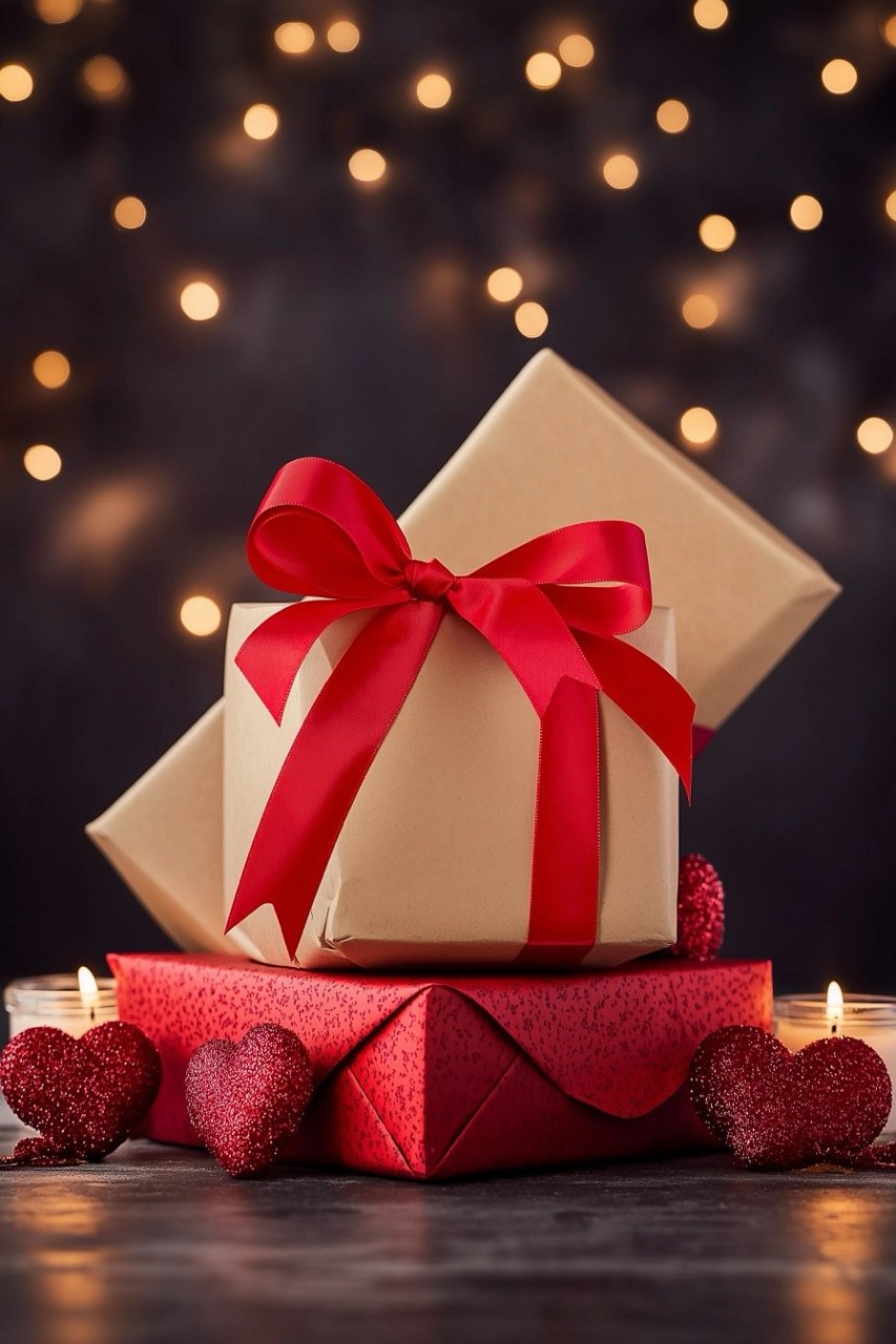 Valentine’s Day gift box wrapped in kraft paper with red ribbon, accompanied by rustic candles.