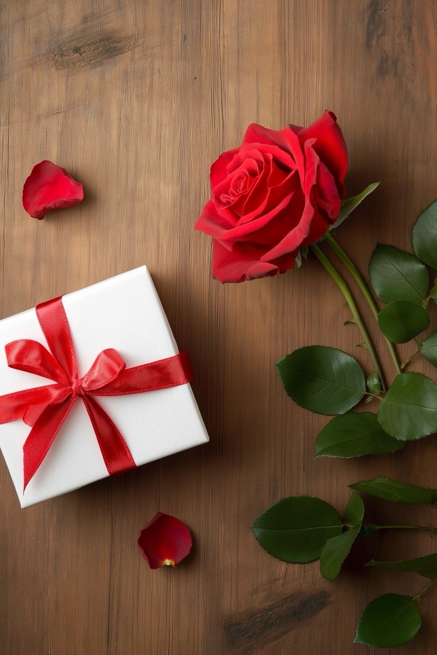 Valentine’s Day gift with red rose and ribbon on wooden table, creating a love-filled atmosphere.