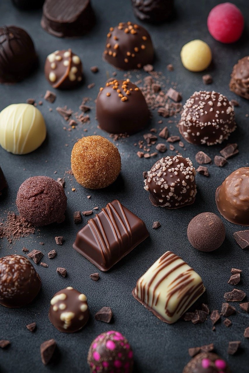 Various chocolate pralines and candy pieces, a delightful collection of sweet food for dessert lovers.