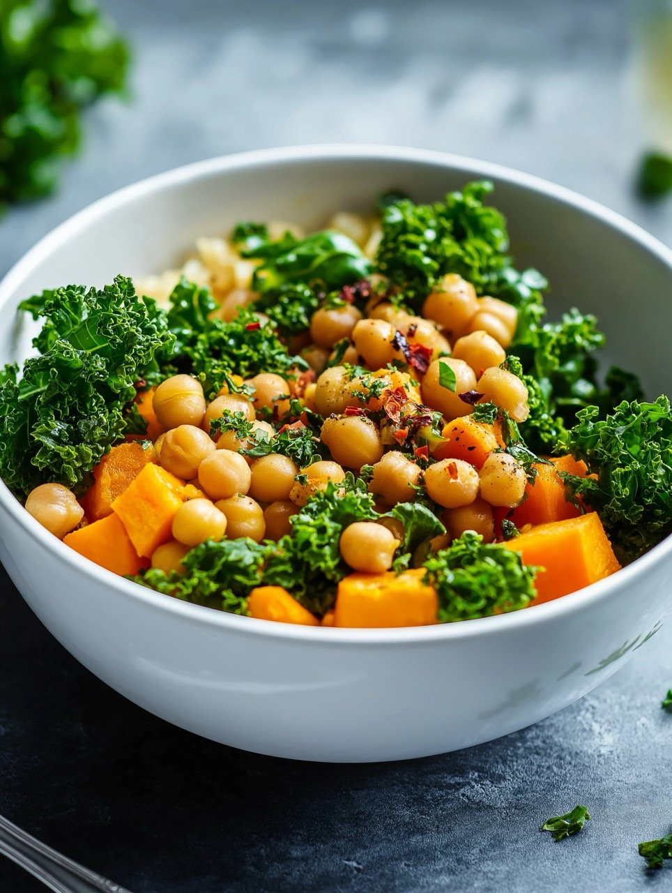 Vegan Stew with Chickpeas, Sweet Potato, and Kale in White Bowl for Healthy Eating