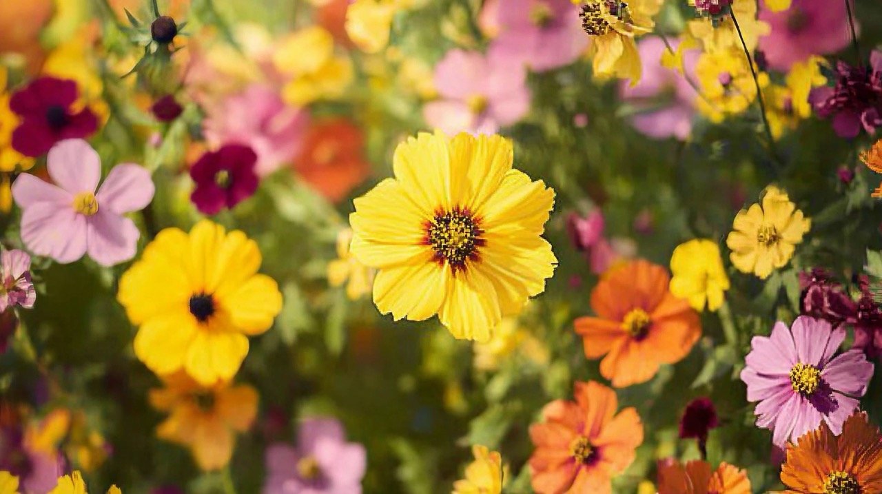 Vibrant Black-Eyed Susan and Cosmos flowers blooming in Canada’s public garden, showcasing colorful blossoms.