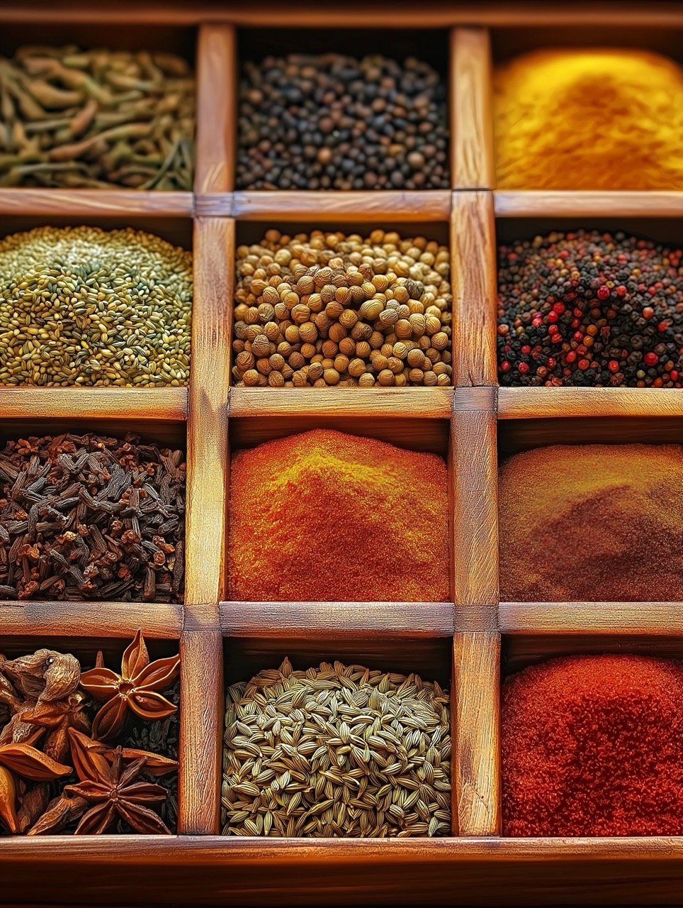 Vibrant Indian Spices in Wooden Trays, Perfect for Indian Meals and Curry Preparation