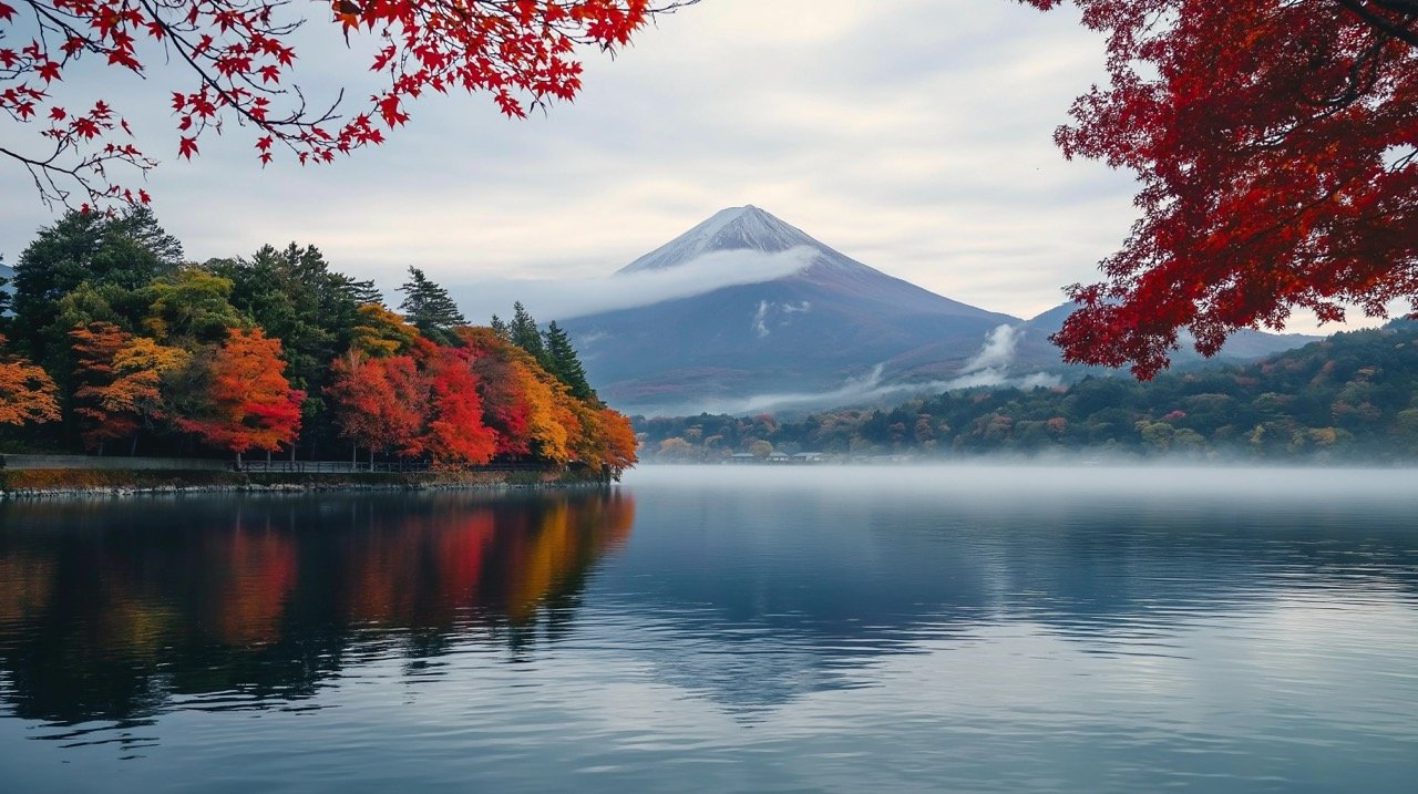 Vibrant autumn leaves and morning fog at Lake Kawaguchiko, with Mount Fuji in the background.