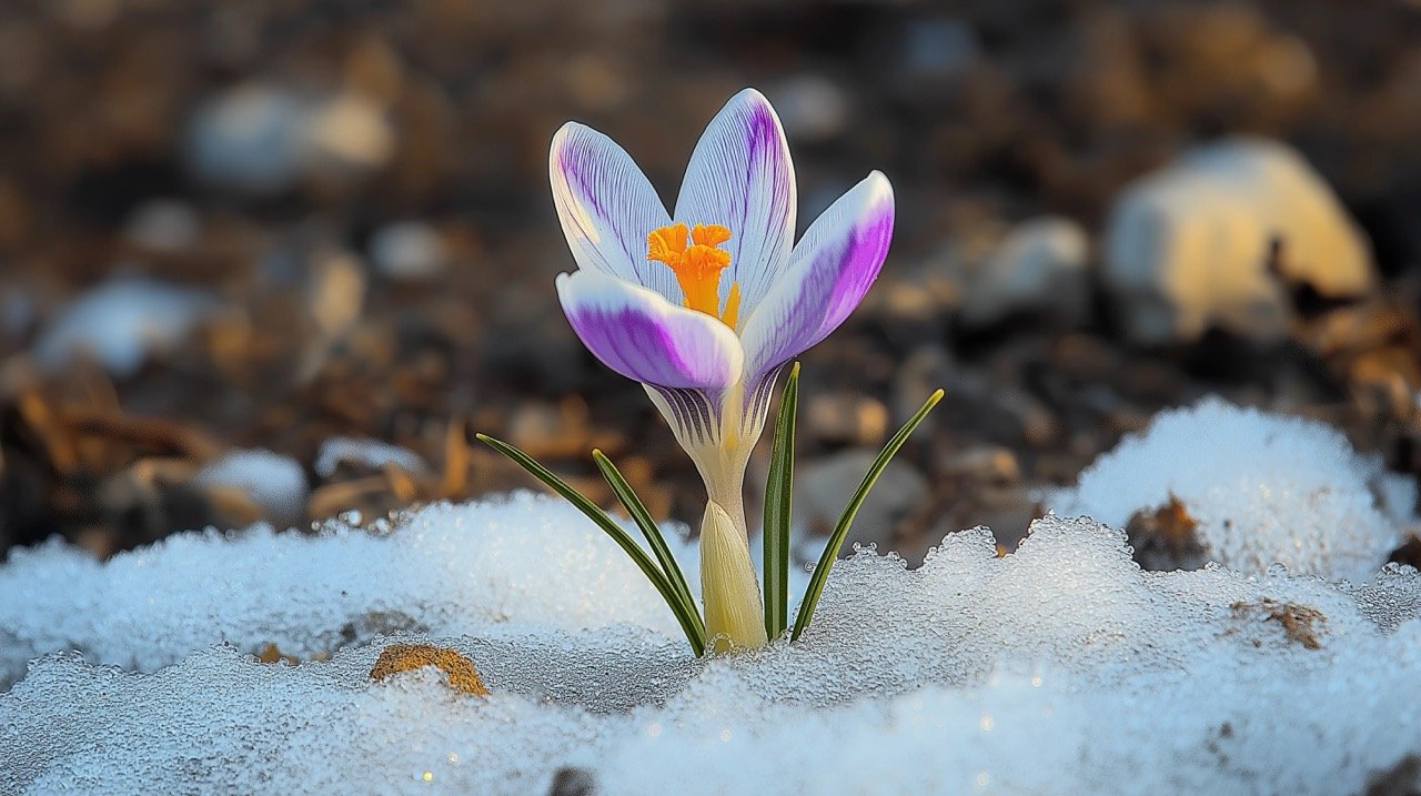 Vibrant crocus flowers bloom amidst snow, showcasing nature’s resilience and beauty during springtime beginnings.