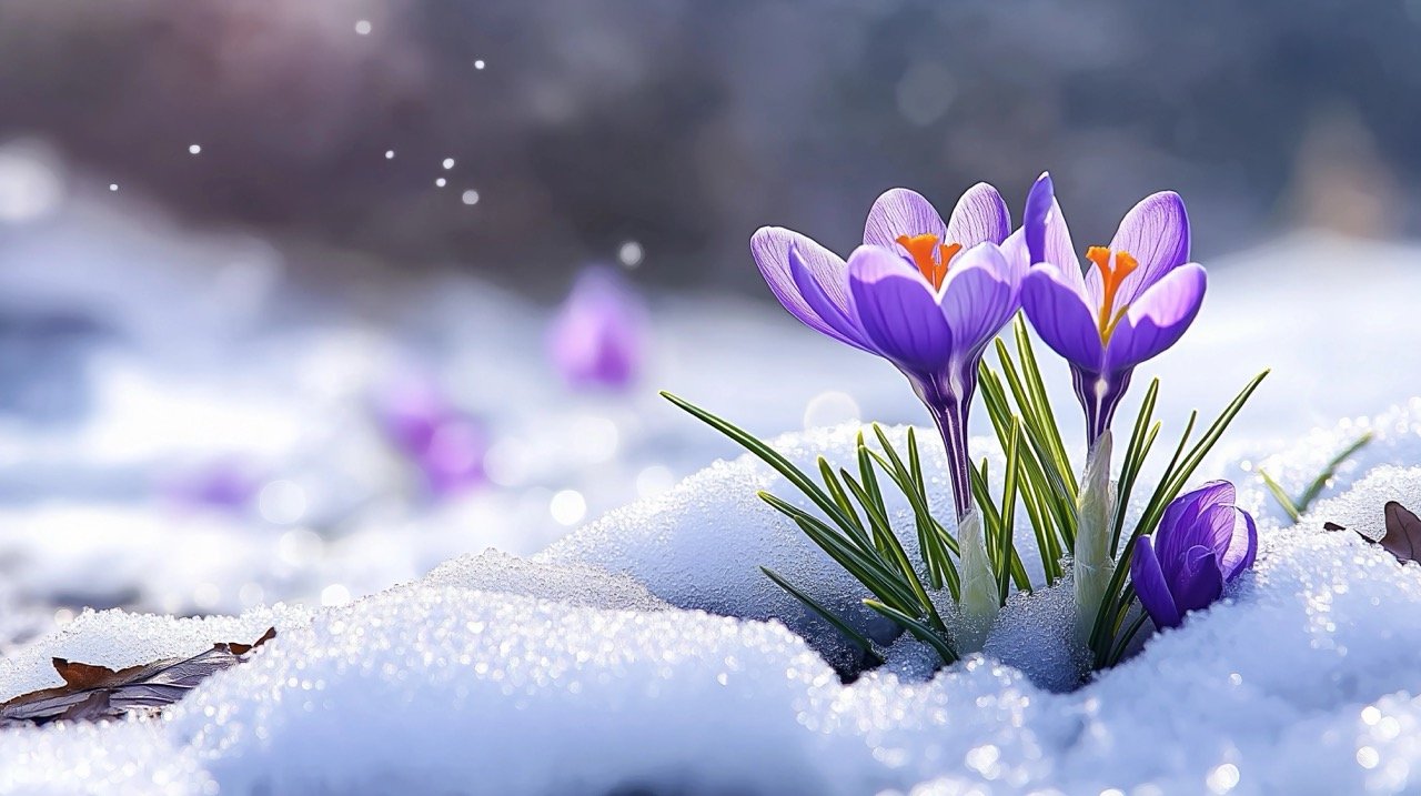 Vibrant purple crocus blooming through snow in early spring, showcasing the beauty of seasonal change and renewal.