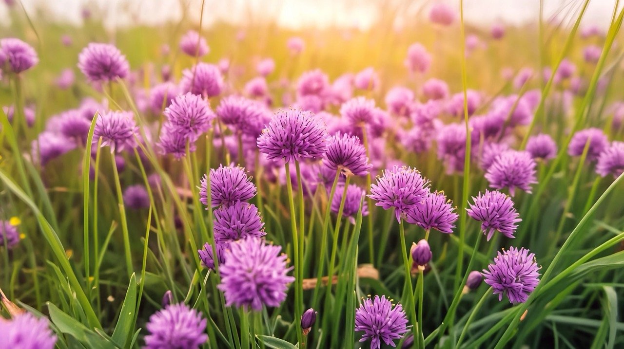 Violet chives flowers blooming in agricultural fields, capturing the essence of Allium flowers and agricultural beauty.