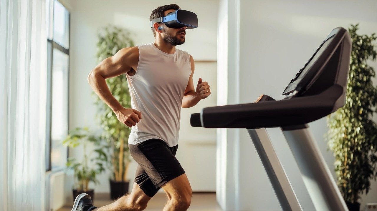 Virtual Reality Workout Young Man Running on Treadmill with VR Headset in Home Gym