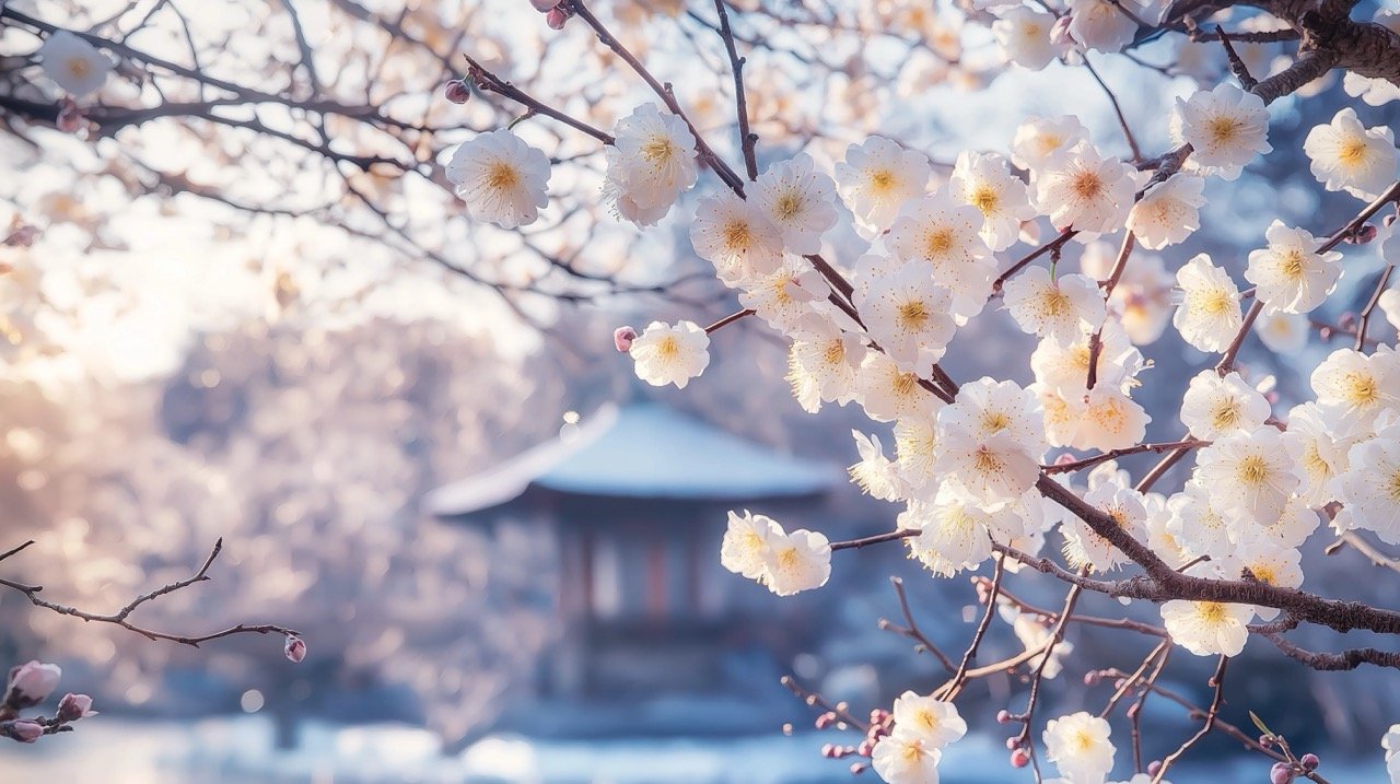 White plum blossoms of Japan in full bloom during winter in Tachikawa, Tokyo, Japan.