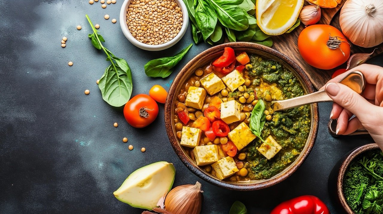 Wholesome vegetarian food background with lentil curry, tofu, pesto, and vegetables for clean, healthy eating