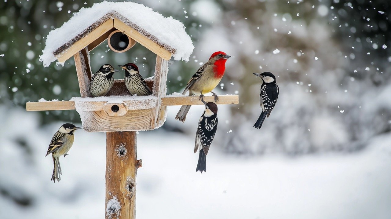 Wild Birds Feeding in Winter Sparrows, Tits, Blackbird, and Woodpecker at Snow-Covered Bird Feeder