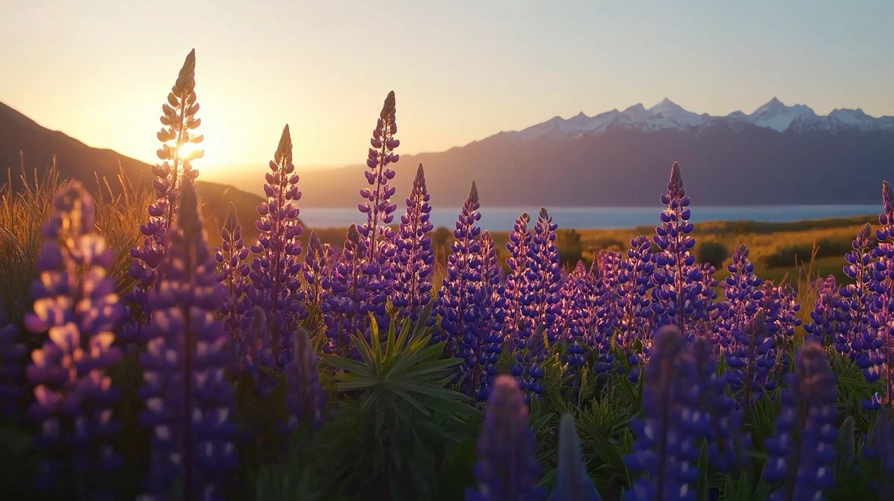 Wild lupines bathed in golden sunset light near Mt Cook, a scenic landscape in New Zealand.