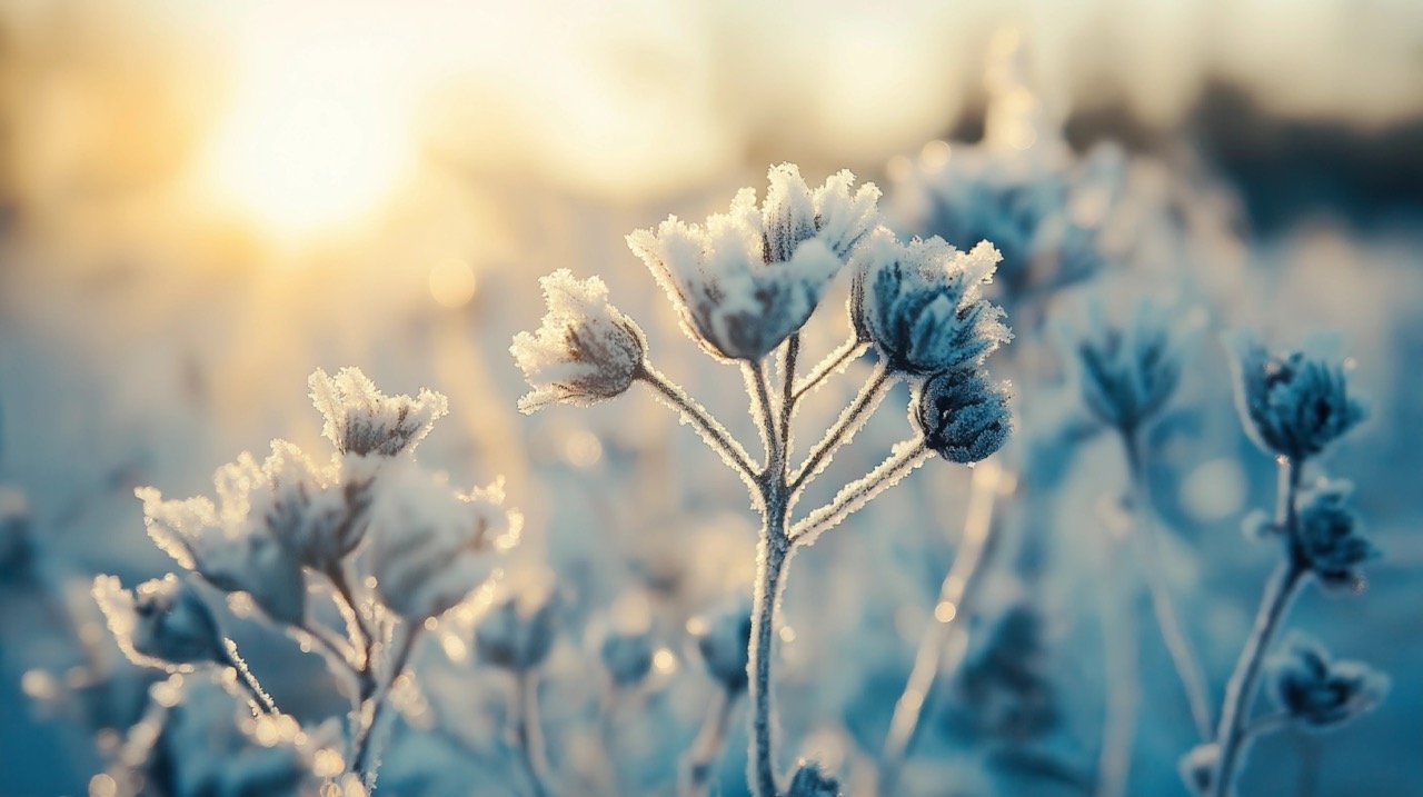 Winter Beauty Frosty Leaves on Frozen Meadow Plants in a Snowy, Serene Natural Landscape