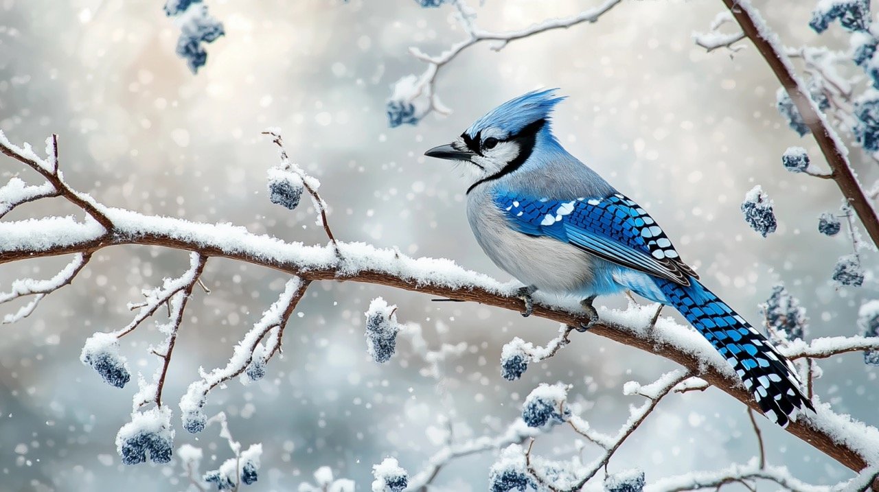 Winter Blue Jay on Tree Branch Beautiful Wildlife Bird Image Captured in Frosty Scenery