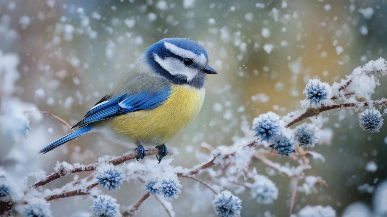 Winter Blue Tit on Snow-Covered Branch Beautiful Wildlife Bird Photography in Cold Seasonal Scenery