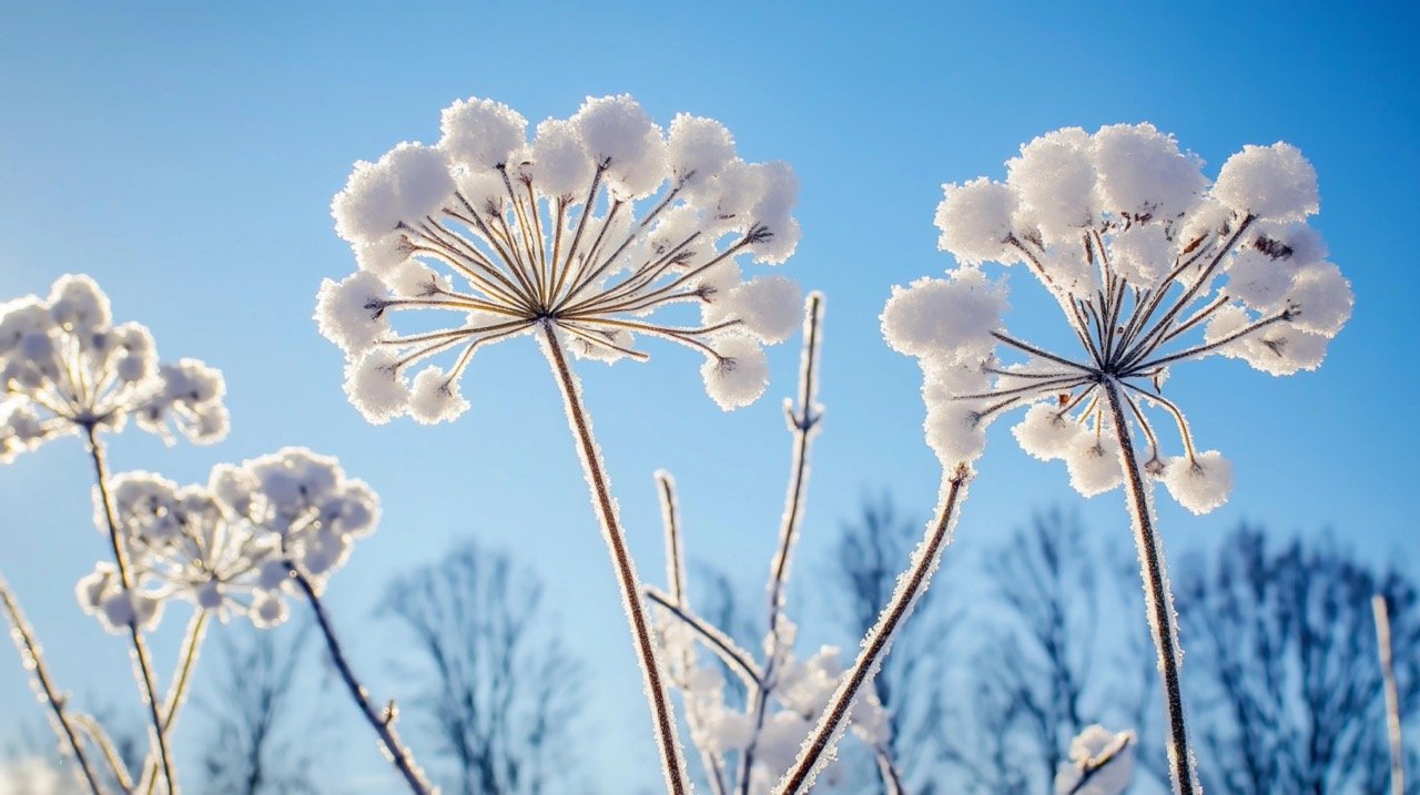 Winter Flower Covered in Snow with Clear Blue Sky Frosty Scene in January for Stunning Photography