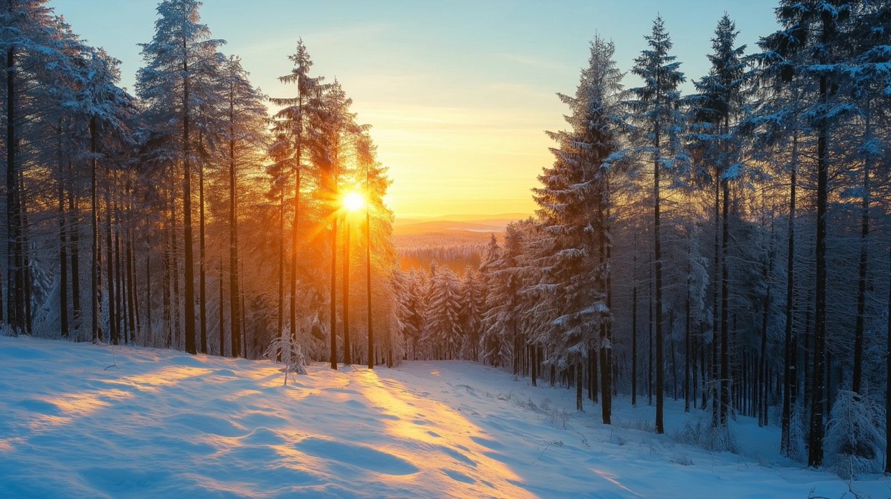 Winter Forest at Sunset Snow-Covered Landscape with Scenic Views and Beautiful Winter Sunset Photography