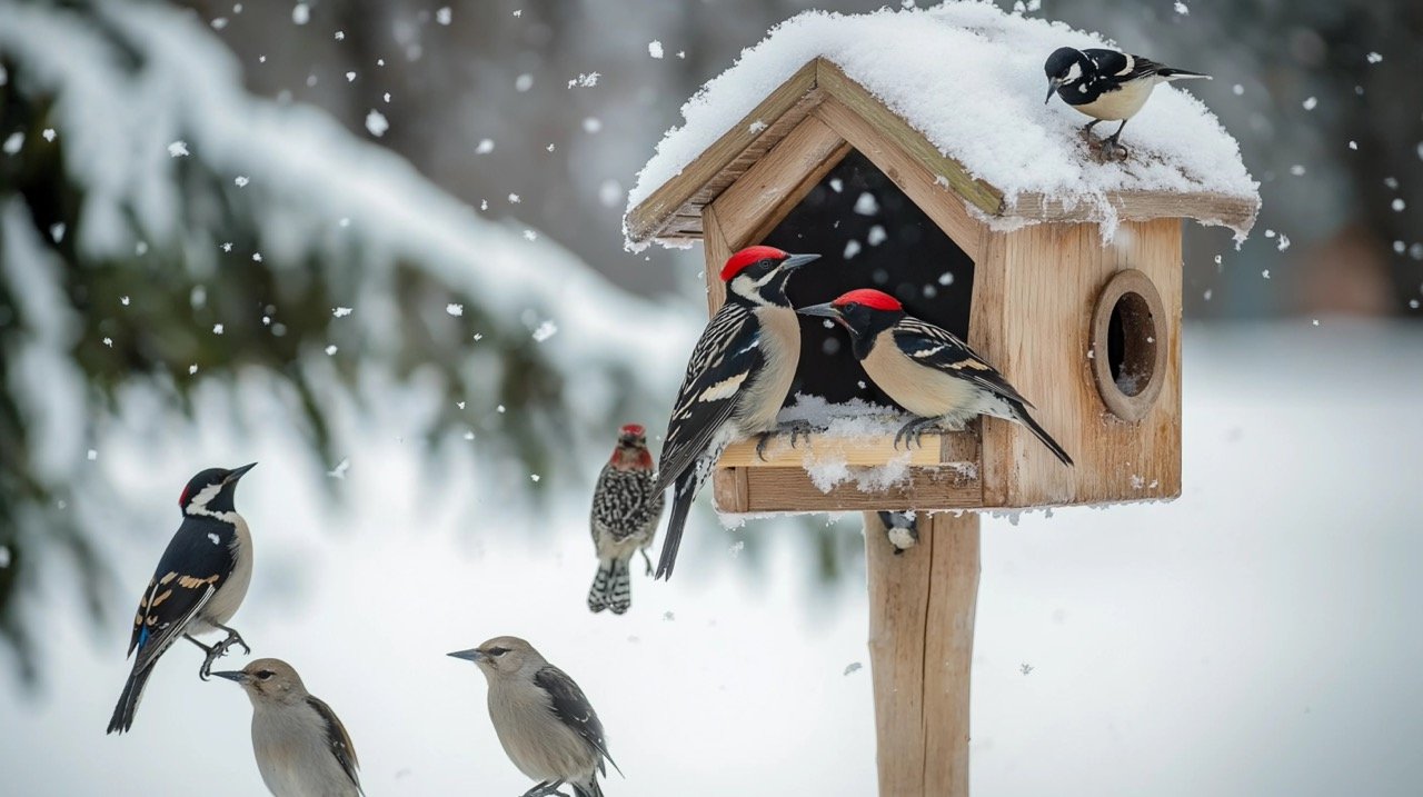 Winter Garden Bird Feeder Sparrows, Tits, Blackbird, and Woodpecker Captured in a Stunning Wildlife Stock Photo