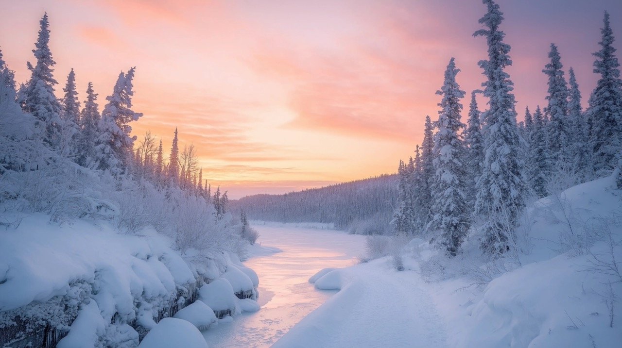 Winter Magic Snow-Covered Mountains and Forest with Vibrant Sunset in a Beautiful Winter Landscape