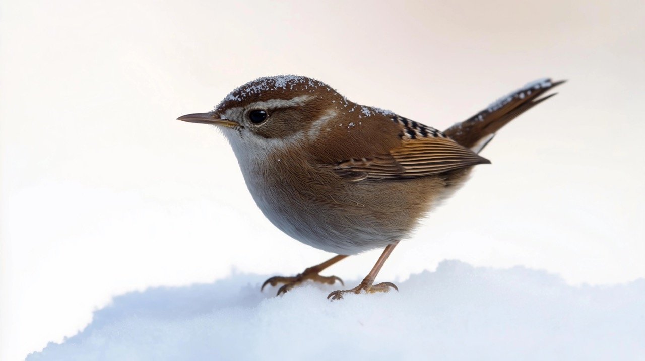 Winter Wren Perched in Snow Captivating Wildlife Stock Photo Perfect for Nature Enthusiasts and Bird Lovers