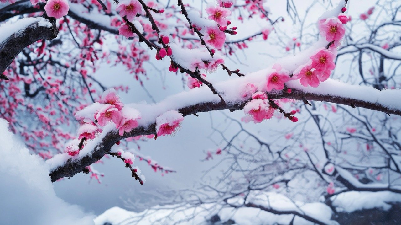 Winter in Japan with snow-covered Japanese plum blossoms (Prunus mume), highlighting nature’s resilience and beauty.